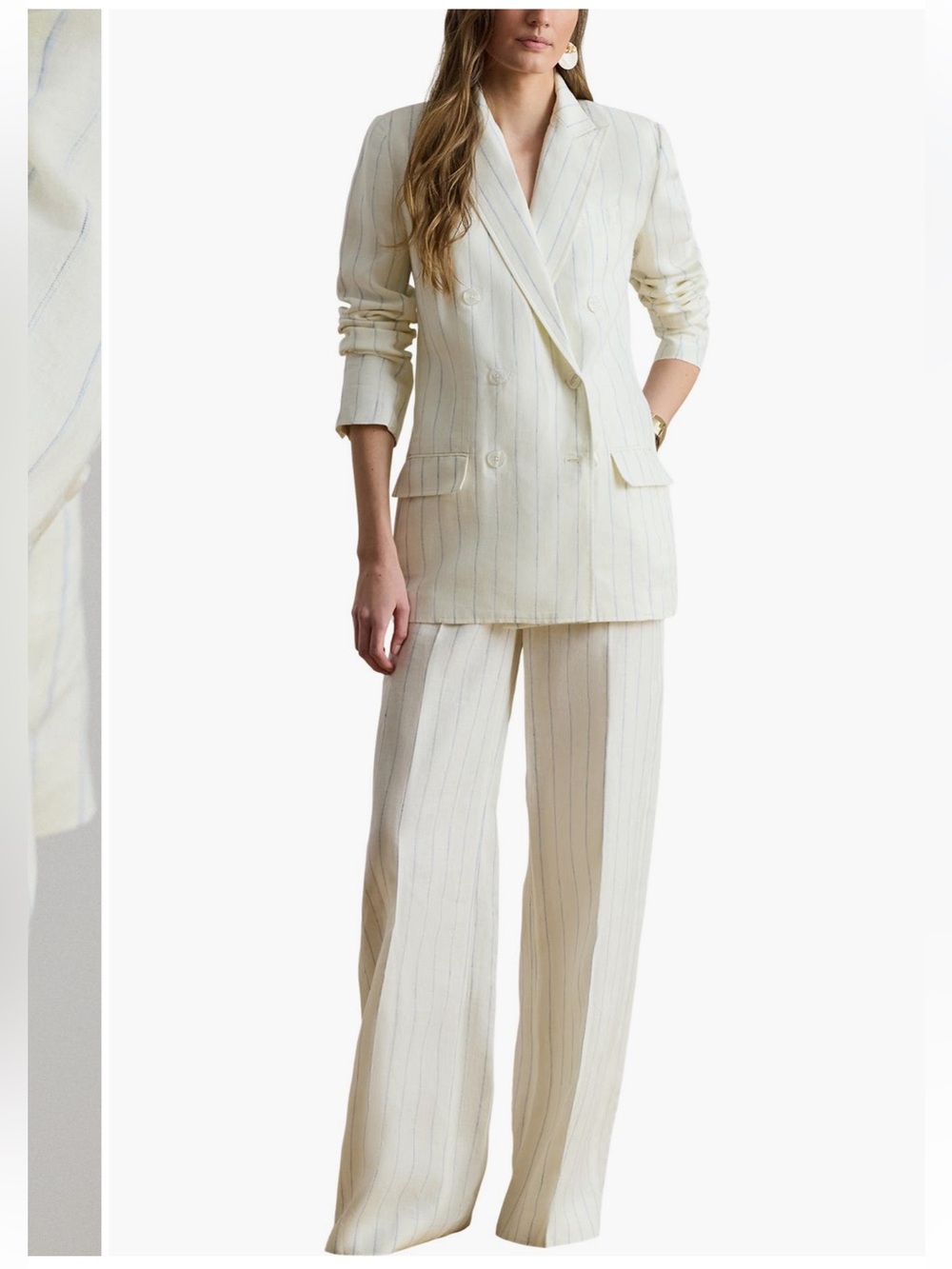 NWT Lauren Lined Wide-Leg Pinstripe Linen-Blend Pants in Cream